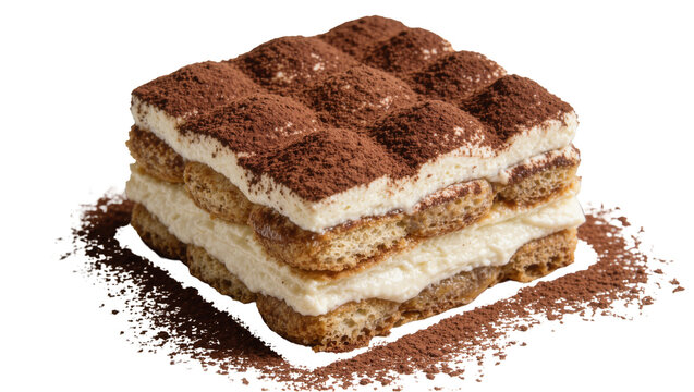 Layered tiramisu dessert with ladyfingers and cocoa powder, isolated on transparent background