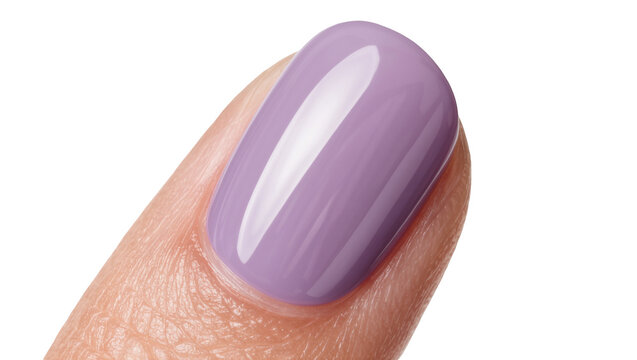 Close-up of a person s finger with a perfectly manicured nail painted in glossy lavender polish, isolated on transparent background