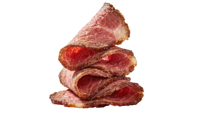 Stack of thinly sliced roast beef with browned edges, isolated on transparent background