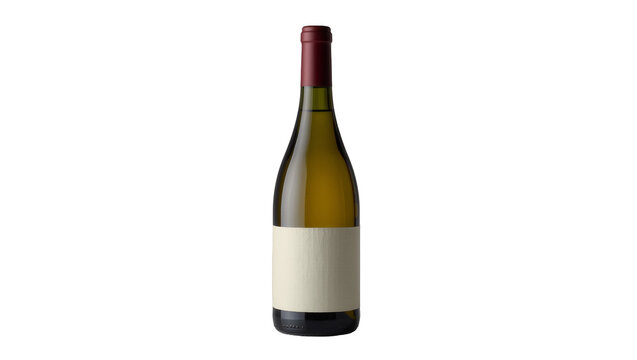 Clear glass bottle of white wine with blank label and red cap, isolated on transparent background