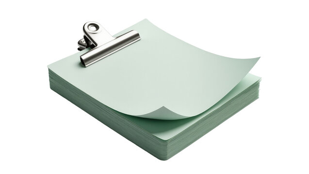 Stack of light green paper sheets held by a silver binder clip, isolated on transparent background