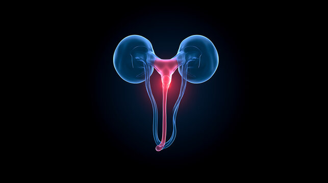 3D medical illustration showcasing human urinary system anatomy with glowing kidneys bladder and ureters in detailed digital render concept