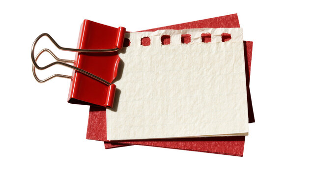 Red binder clip holding a stack of textured paper notes, isolated on transparent background