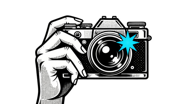 Hand holding vintage camera with blue flash, isolated on transparent background