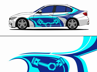 Fototapeta premium White car with blue and cyan engine graphics wrap
