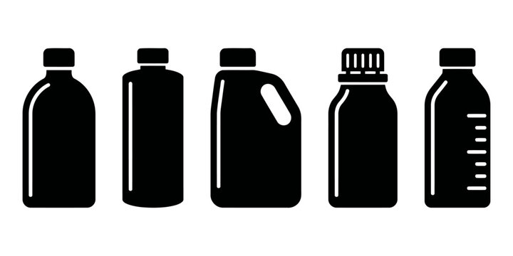 Five black bottle shapes with different caps