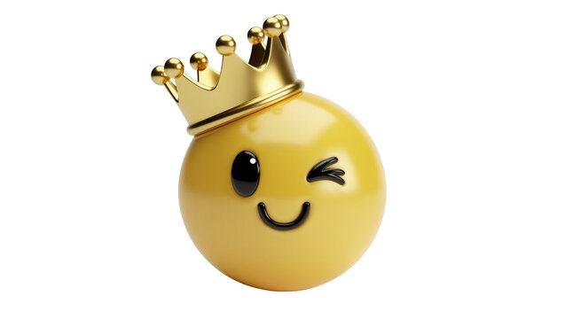Yellow emoji wearing a golden crown winking and smiling, isolated on transparent background