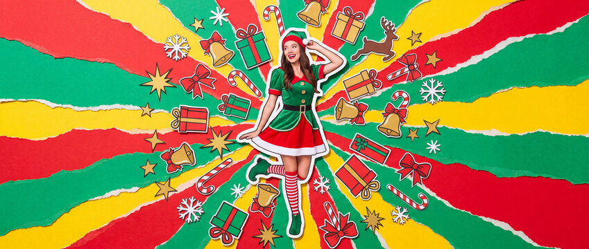 Cheerful woman in Christmas elf costume dancing on a vibrant torn paper collage background with festive holiday icons and gift boxes