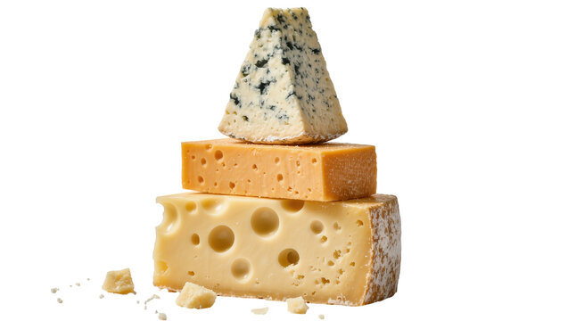 Stack of three cheese wedges including blue cheese, isolated on transparent background