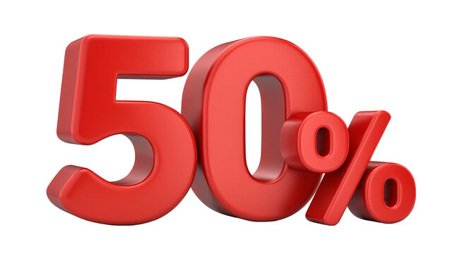 Bold red 3D fifty percent symbol, isolated on transparent background