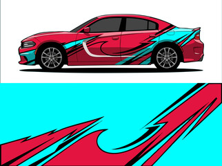 Fototapeta premium Red sports car with dynamic blue and pink design wrap