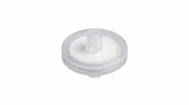 Extreme macro of PTFE syringe filter disc. Polypropylene housing and hydrophobic membrane for laboratory chemical analysis. Scientific filtration hardware cutout.