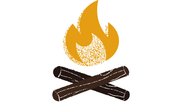 Stylized graphic vector illustration of a cartoon campfire with burning logs on white background transparent background