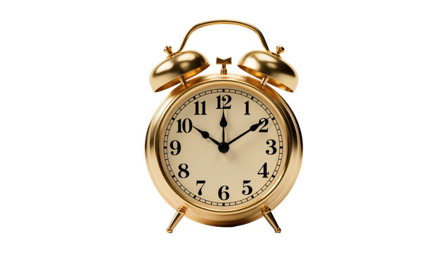 Golden twin-bell alarm clock with cream face and black hands, isolated on transparent background