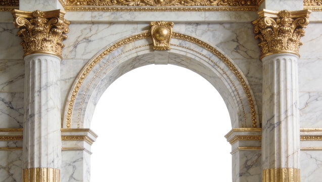Ornate golden Corinthian columns supporting a marble archway, isolated on transparent background