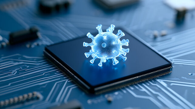 A glowing digital virus cell hovering above a computer processor microchip on a circuit board representing cyber security threat and data breach