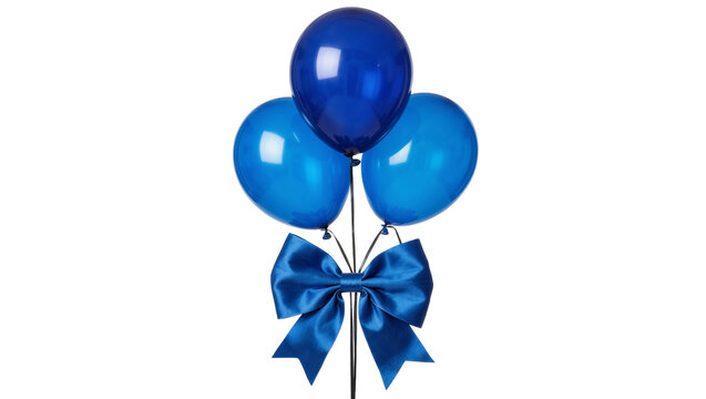 Three glossy blue balloons tied with a satin bow, isolated on transparent background