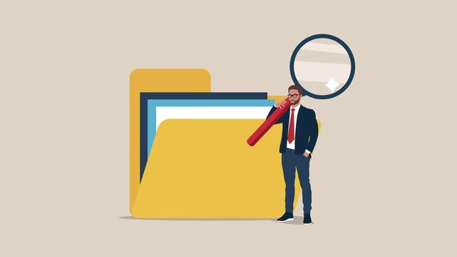 Clerk search files data with magnifying glass in folder. Tidying up and organizing file and document in database. Business animation video