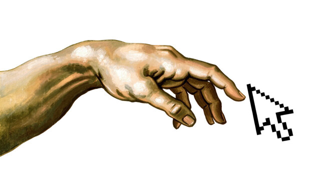 Renaissance style hand reaching for pixelated computer mouse cursor, isolated on transparent background