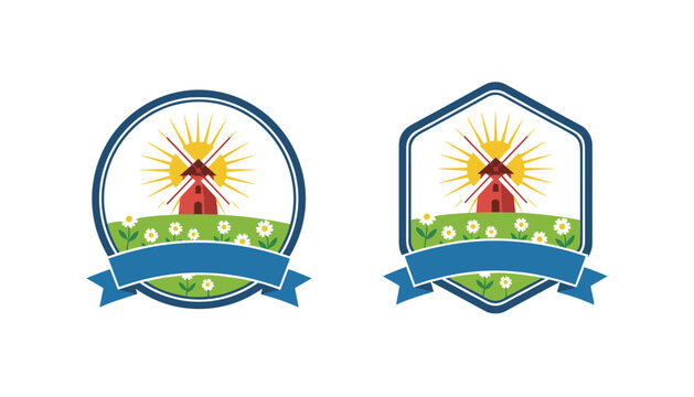 Set of rural windmill logo templates featuring a red mill on a green field under a sunburst inside circular and hexagonal badges.