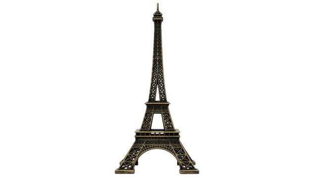 Detailed miniature Eiffel Tower model metallic bronze, isolated on transparent background