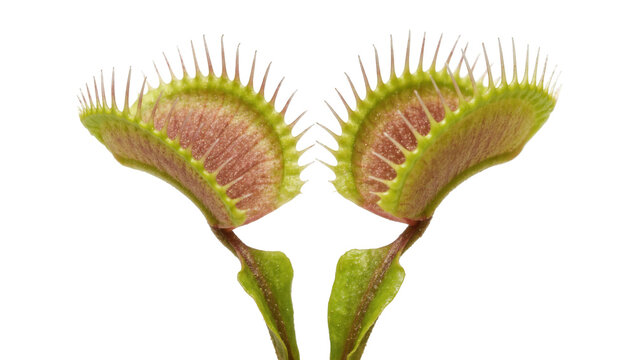 Two open Venus flytrap mouths with sharp teeth, isolated on transparent background