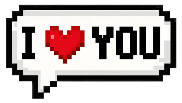 Pixelated speech bubble with I love you text and red heart, isolated on transparent background