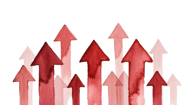 Red watercolor arrows pointing upwards, isolated on transparent background