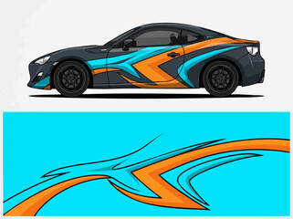 Fototapeta premium Sporty car with vibrant blue and orange design wrap