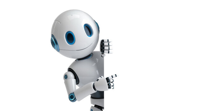 Cute white robot peeking around a blank white board, isolated on transparent background