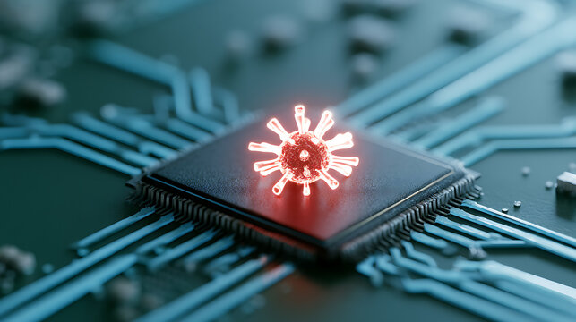 Digital virus malware attack concept with glowing red pathogen particle resting on a computer microchip processor board circuit system