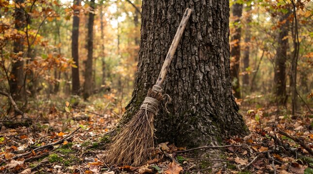 Witch broom leans on textured tree trunk in autumn forest presenting rustic rustic holiday concept.