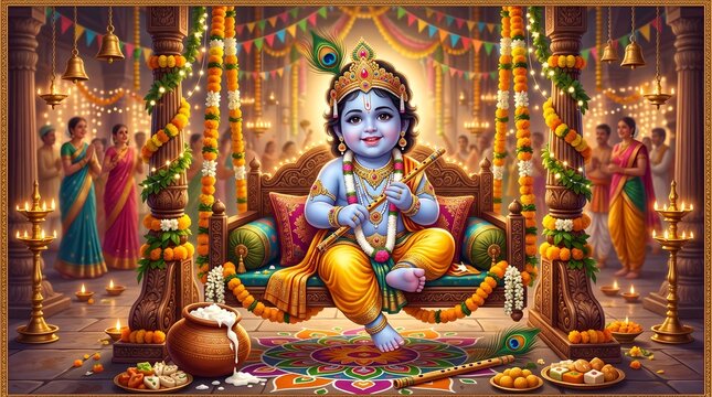 Festive Indian Janmashtami Celebration with Child Deity, Swing and Peacock Feathers