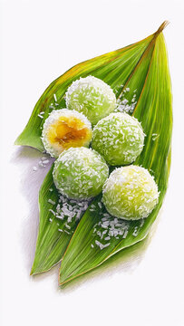 Traditional Malaysian Onde-Onde Pandan with Gula Melaka, Colored Pencil Illustration