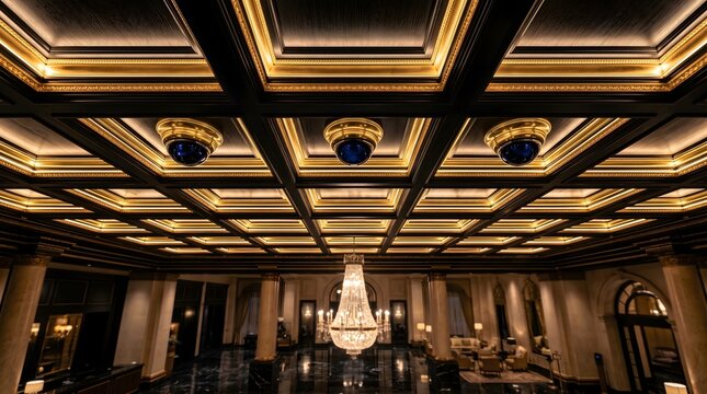 Ornate Coffered Ceiling with Discreet Dome Security Cameras in Luxury Hotel Lobby