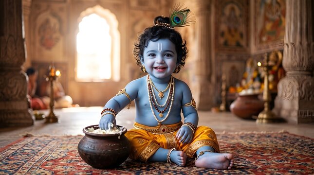 Cute Child Krishna in Traditional Yellow Dhoti