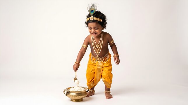 Child Dressed as Krishna Eating Butter From a Bowl in Traditional Indian Attire