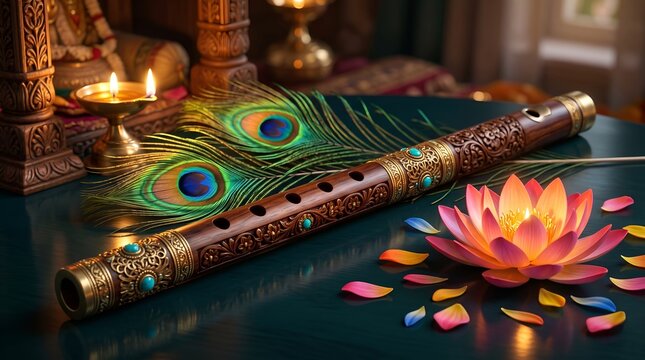 Flute with beautiful peacock feathers and glowing pink lotus flower representing divine lord krishna for auspicious krishna janmashtami festival celebration