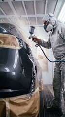 Fototapeta premium Professional car painter in protective suit applying paint with spray gun in booth