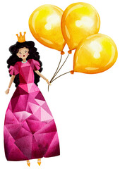 Fairytale princess in crystal dress flying with yellow balloons watercolor illustration © Anna