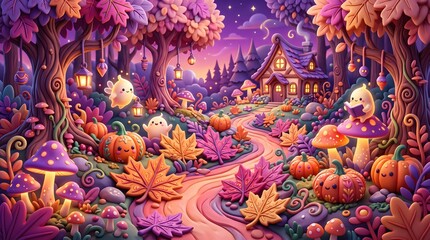 Obraz premium Whimsical Halloween Claymation Forest with Cute Ghosts and Carved Pumpkins