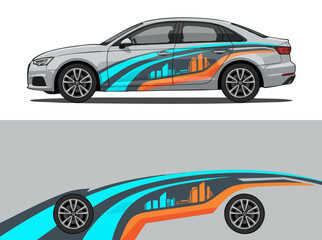 Naklejka premium Silver sedan with vibrant cityscape car wrap design