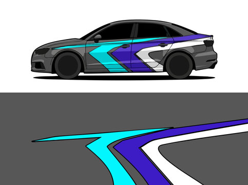 Sleek sports car with vibrant geometric racing decals on road