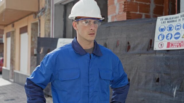 Man builder in white hardhat and safety glasses, hands on hips showing face and blue coverall at building site with safety sign; confidence duty.