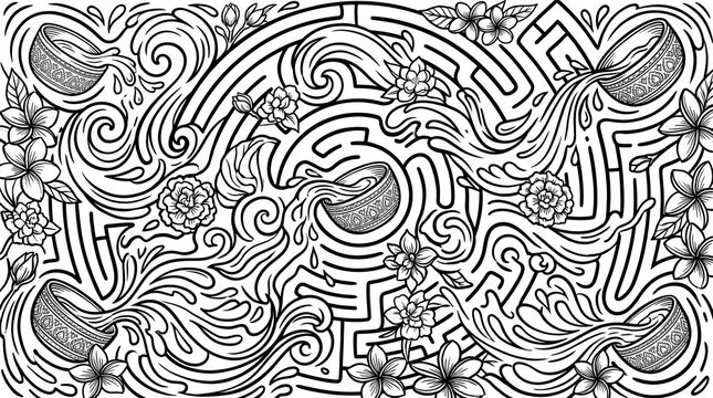 Detailed black and white maze pattern featuring flowing water and floral motifs ideal for artistic endeavors