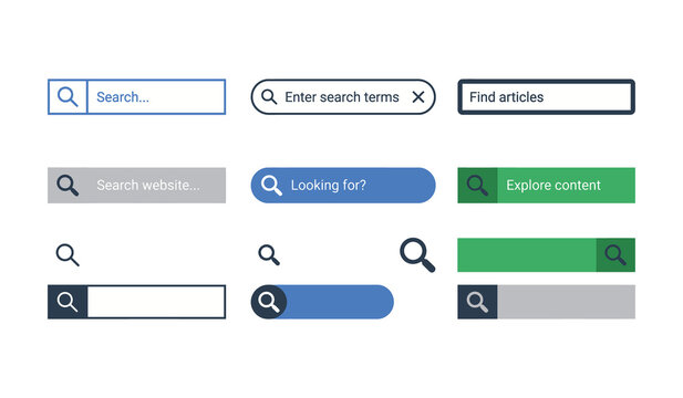 Set of various search bar designs and input fields with magnifying glass icons for website and user interface design isolated on transparent background
