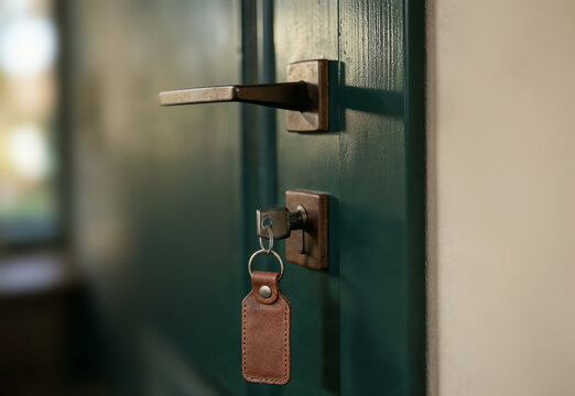 Leather tag keyring hanging from key in door lock, ai generated. Close-up of blank brown tag, customizable leather keychain with metal ring and copy space for personalized engraving, branding.