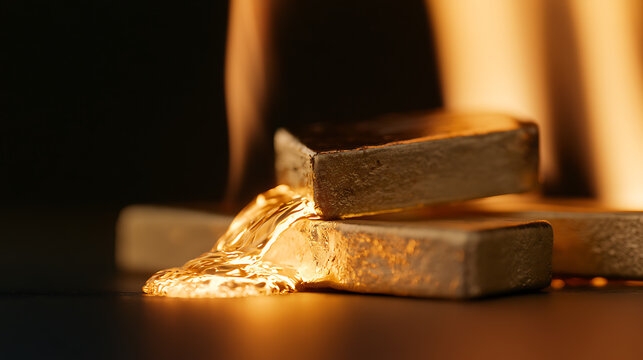 Melt gold bar in a fiery furnace with glowing liquid metal flow for financial investment, wealth, and banking business concept background