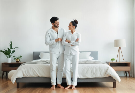 Happy couple wearing matching white family pajamas, ai generated. Young man and woman wear home clothing together in modern bedroom and looking at each other. Coordinated sleepwear concept.