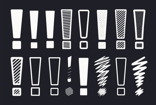 Selection of hand-drawn white exclamation mark icons in different styles and textures over a black background.